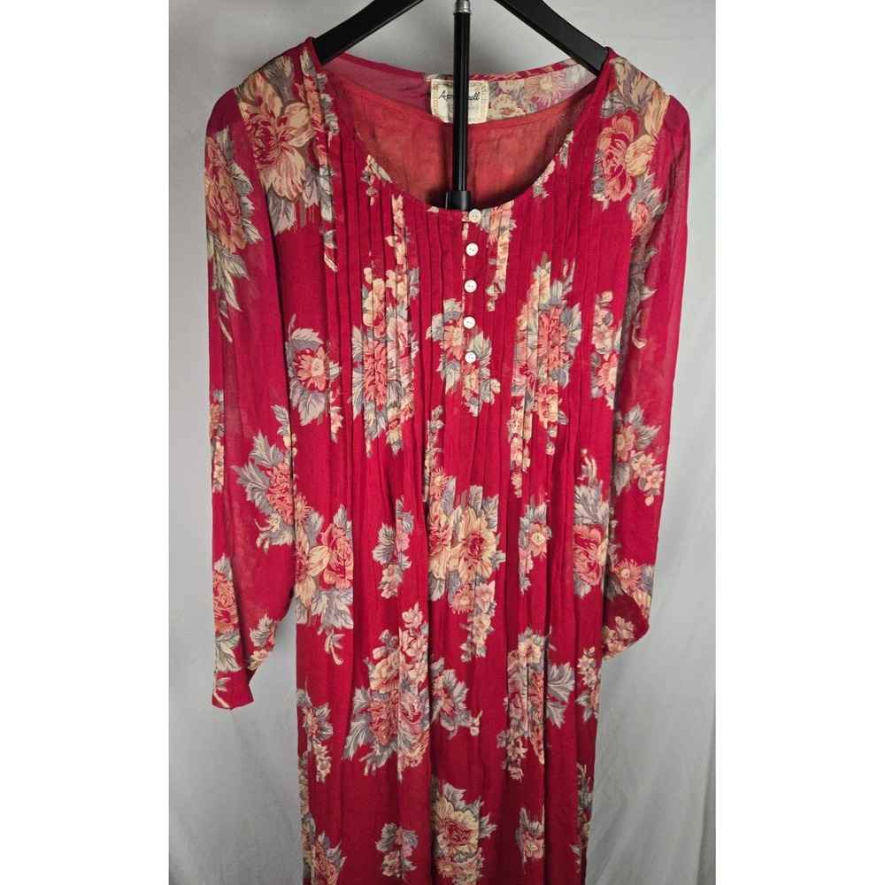 VTG April Cornell Sz Large Dress Red Floral Pintuck Maxi Cottagecore Modest